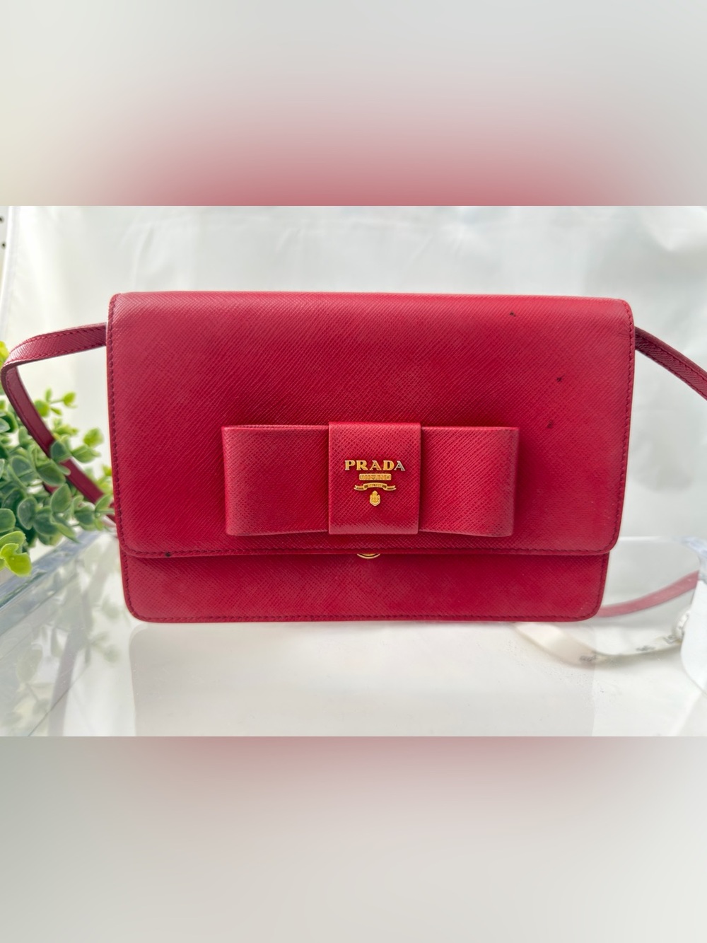 Prada Pink Saffiano Bow shoulder bag with Gold Logo